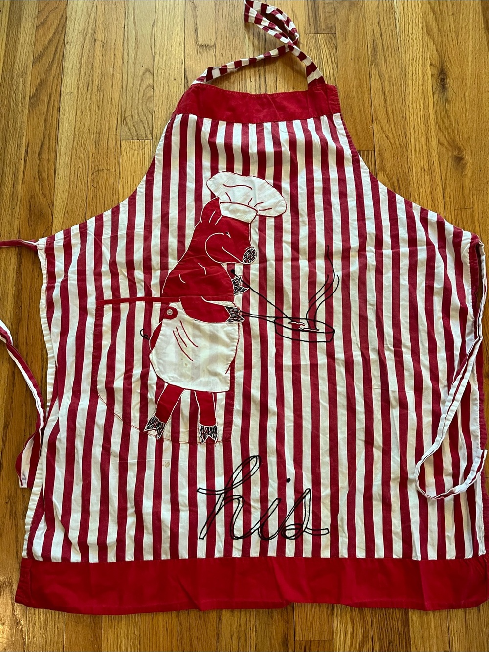 Vintage his and hers Striped Red and White Apron with pig embroidery BBQ